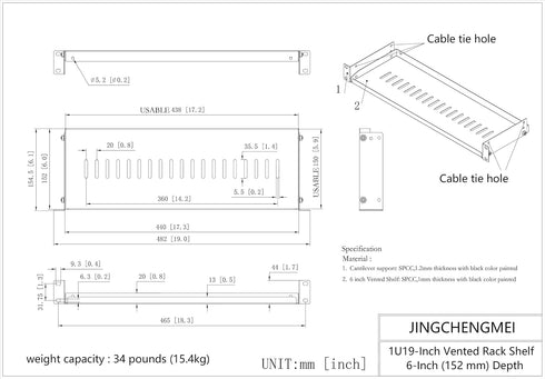 JINGCHENGMEI 1U 6"(152mm) 19-Inch Cabinet(1U6V) Disassembled Vented Cantilever Server Rack Mount Shelf Depth