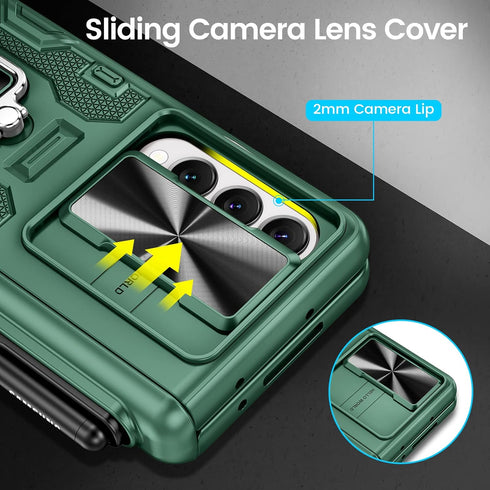 VEGO Protective Armor Case for Galaxy Z Fold 4 with S Pen Holder, Hinge Protection, 360° Ring Kickstand, Green