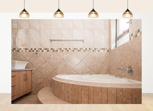 LidyMini 8x8ft Fabric Beige Tile Bathroom Backdrop Curved Bathtub Warm Neutral Tones Background