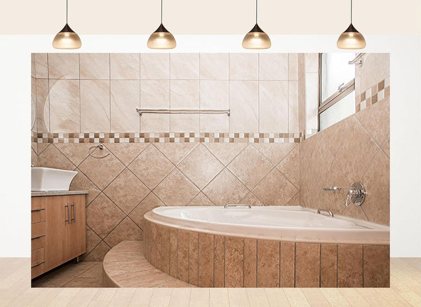 LidyMini 8x8ft Fabric Beige Tile Bathroom Backdrop Curved Bathtub Warm Neutral Tones Background