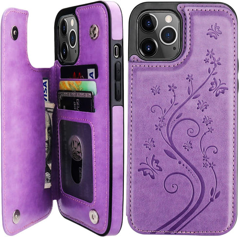 Vaburs iPhone 12 Pro Max Case Wallet with Card Holder - Embossed Butterfly Pattern PU Leather Cover