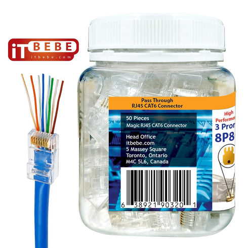 ITBEBE 50 Pieces RJ45 Cat6 Pass Through Connectors - Gold Plated Transparent Ethernet Insert Crimp Connector for 24 AWG