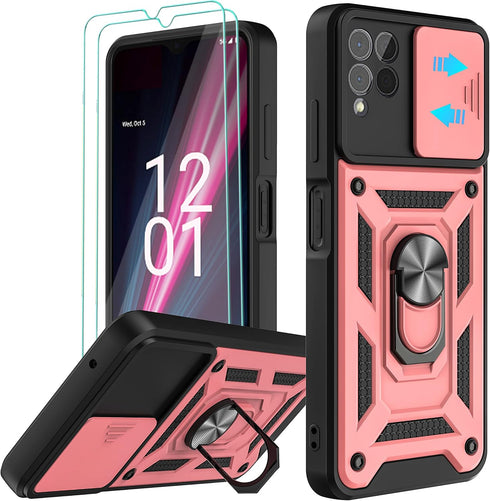 T-Mobile REVVL 6 Pro 5G Case with Slide Camera Cover and 2pcs HD Screen Protector, Military Grade 360° Rotation (Rose