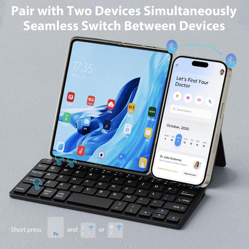 Doohoeek Universal Bluetooth Keyboard for Samsung Galaxy Z Fold, iPads, Tablets and Phones, Dual Bluetooth Mini Keyboard with Any-Angle Kickstand & Leather Cover for Android, Windows and iOS
