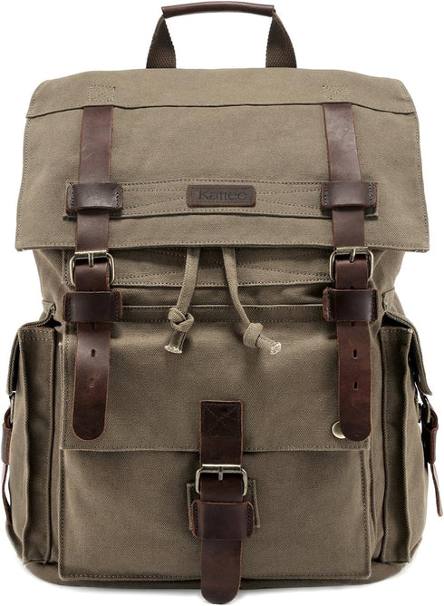 Kattee Men’s Large Leather Canvas Backpack, Army Green Travel Rucksack
