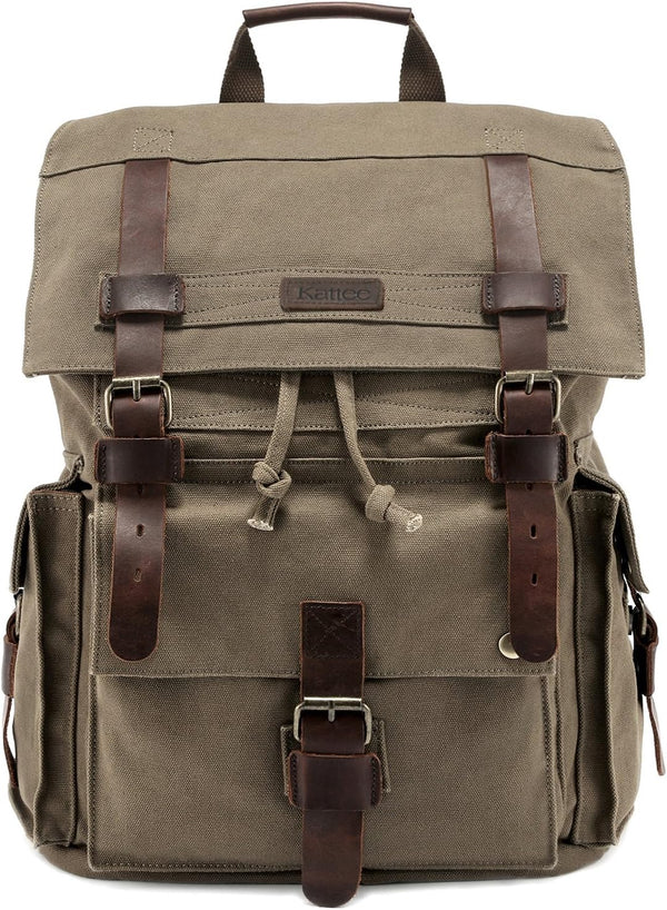 Kattee Men’s Large Leather Canvas Backpack, Army Green Travel Rucksack