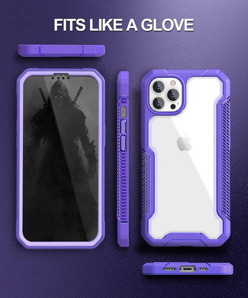 ANSHOW iPhone 12/12 Pro Case, Rugged 360° Full Body with Built-in Screen Protector, Clear Hard PC & Purple Silicone