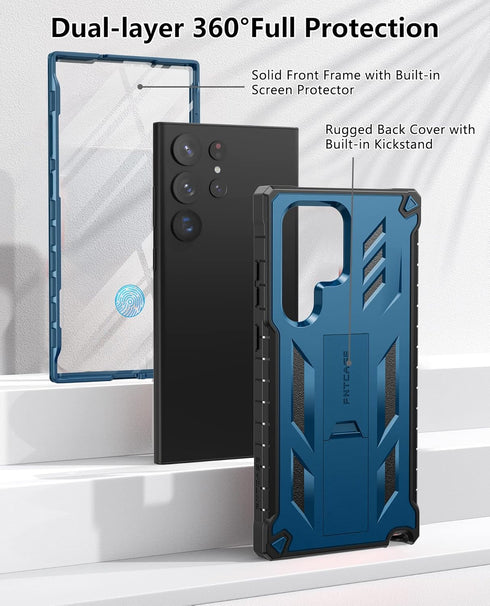 FNTCASE Samsung Galaxy S23 Ultra Case: Rugged Shockproof TPU, Military Grade Drop Protection, Kickstand, Blue.