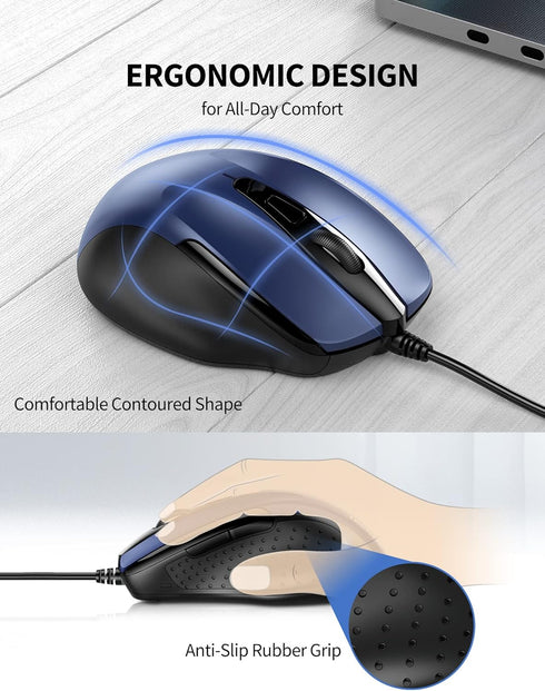 TECKNET 6-Button 4 5FT USB Wired Mouse, Corded Computer Mouse with Adjustable DPI, Optical Computer Mice with Ergonomic