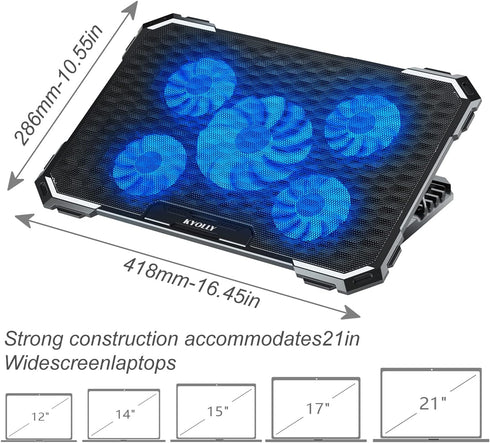 Upgrade Laptop Cooling Pad, Gaming Laptop Cooler with 5 Quiet Fans, 2 USB Ports, 5 Adjustable Heights, Blue LED Lights