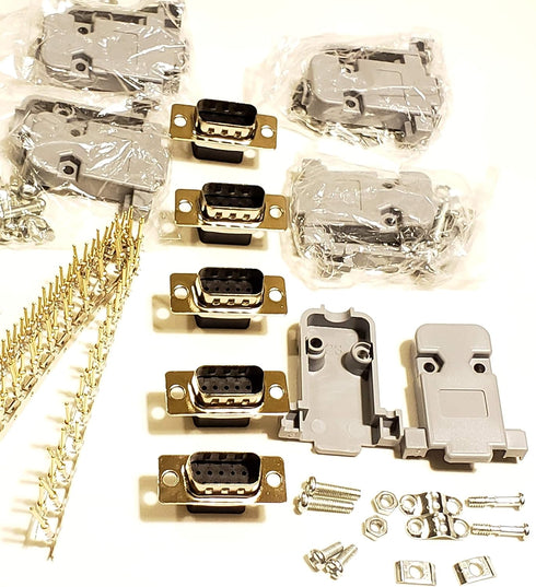 5 Sets Crimp Type DB9 Male + Plastic Hoods + Pins Set, D-Sub 9P Male Crimp Connector, Pin & Hood Kit (5 DB9 Male + 5 Hoods + 50 Pins)