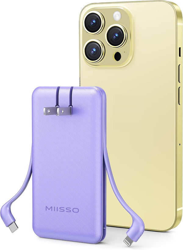 miisso Ultra Slim 10000mAh Power Bank - Built-in Cables, Foldable AC Wall Plug, Pocket Size USB C Portable Charger,