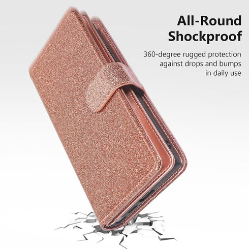 Varikke Wallet Case for iPhone 13 Pro Max, Fashion Glitter PU Leather Strap, Magnetic Flip Cover, Rose Gold