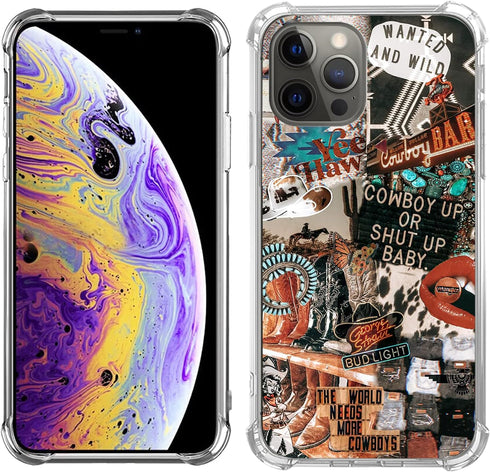 Western Cowgirl Cowboy Collage Case for iPhone 12 Pro Max, Unique Trendy Design, Boho Southwestern Retro TPU Bumper