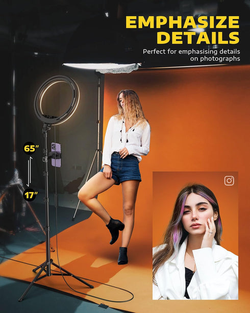 Kaiess 10.2" Selfie Ring Light with 65" Adjustable Tripod Stand & Phone Holder for Live Stream/Makeup, Dimmable LED
