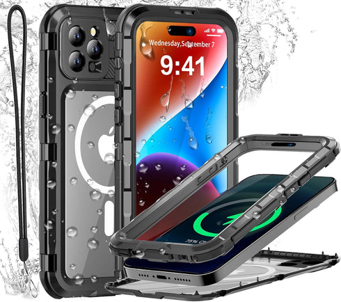 iPhone 15 Pro Max Waterproof Case Compatible with MagSafe, Metal Heavy Duty IP68 Underwater Built-in Screen Protector,