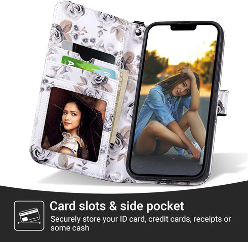 ULAK Compatible with iPhone 13 Pro Wallet Case for Women, Premium PU Leather Flip Cover with Card Holders, Kickstand Feature Folio Purse Case for iPhone 13 Pro 6.1 Inch, Black Floral