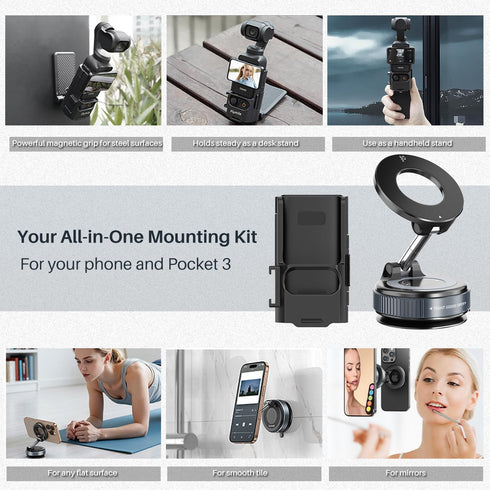 Repmidfer 3, 4 All-in-One Mount Kit for DJI Osmo Pocket Pocket & Phone | Car Windshield Suction & Magnetic Base Combo |