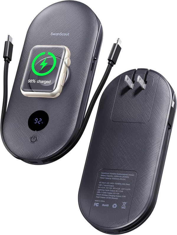 Portable Charger for iPhone 16, 302A, 10000mAh, Built-in AC Wall Plug, Watch Charger for Smart Devices