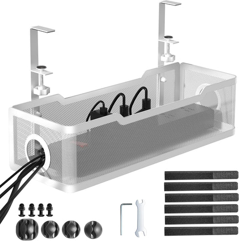 Under Desk Cable Management Tray, White Cinati Cable Organizer with Clamp for Desk Wire Management, No Damage