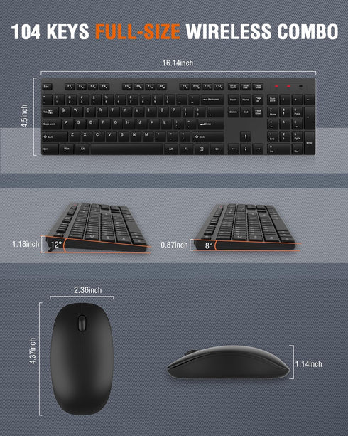 Wireless Keyboard and Mouse Combo, EDJO Silent Full Size USB Keyboard with Long Battery Life for Computer, Laptop, PC