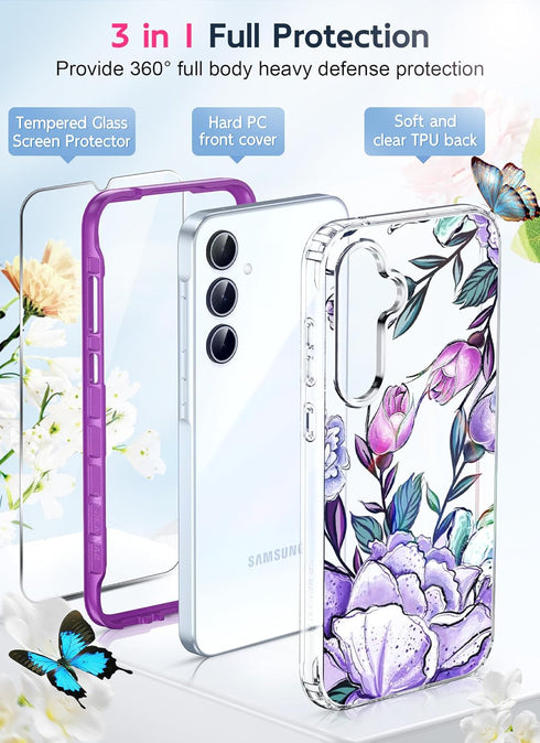 LeYi Dual Layer Exquisite Cute Flower Floral Pattern Full Body Protective Rugged Shockproof Case for Samsung Galaxy