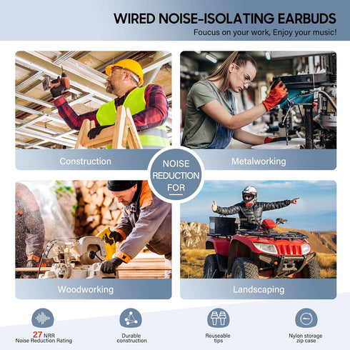 Ear Plug Headphones for Work, Work Safety Earbuds | Noise Reducing Sweatproof Hidden in-Ear Headphones, Isolating Earplugs, OSHA Compliant Hearing Protection for Industrial Construction