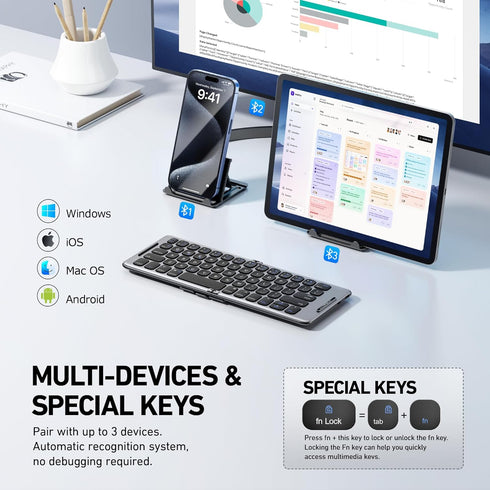 Foldable Bluetooth Keyboard with Stand Holder, Portable Wireless Phone Keyboard, Rechargeable Full Size Ultra Slim Travel Keyboard for iOS, Android, Windows, Fit Phone Pad Tablet Laptop,B088