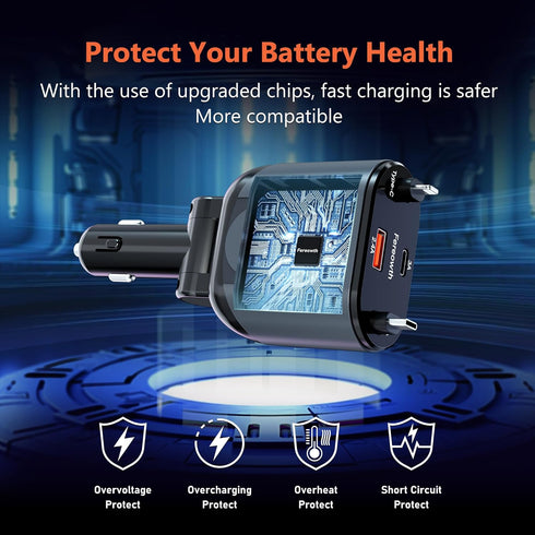 Retractable Car Charger 4 in 1 Fast Phone Charger Adapter PD 63W with 31.5 inch Cables and 2 USB Ports, Compatible with