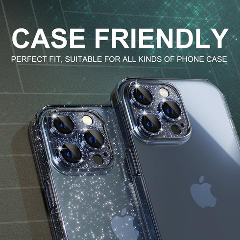 Choiche Bling Camera Lens Protector for iPhone 15 Pro/Pro Max, 9H Tempered Glass, Glitter-Titanium Blue, Metal Ring.