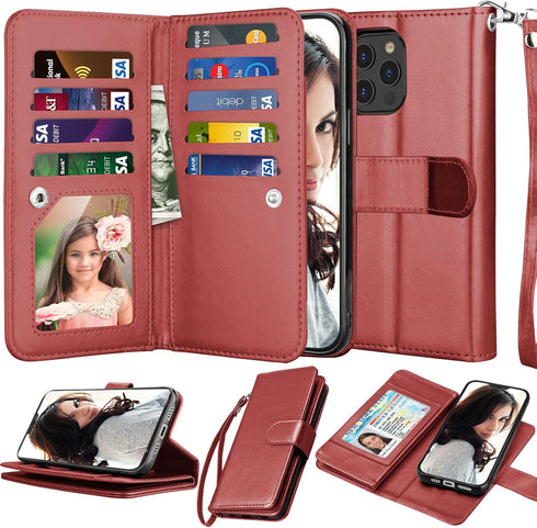 Njjex Wallet Case for iPhone 12/iPhone 12 Pro, 6.1 inch (2020), PU Leather with 9 Card Slots, Detachable Kickstand -