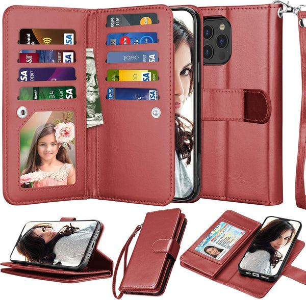 Njjex Wallet Case for iPhone 12/iPhone 12 Pro, 6.1 inch (2020), PU Leather with 9 Card Slots, Detachable Kickstand -