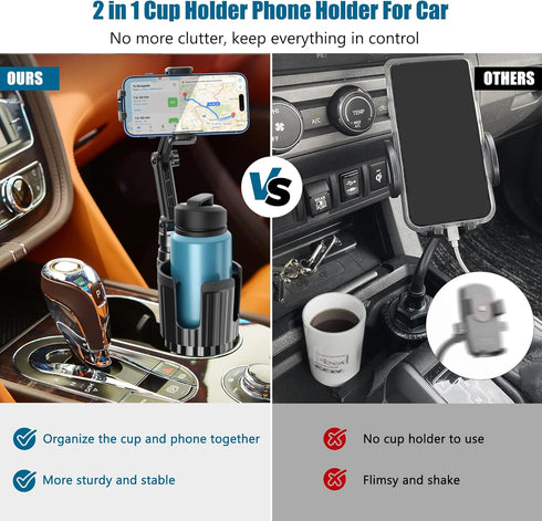 Cup Holder Phone Mount for Car, 2 in 1 Expandable Base, 360 Degree Rotating Neck, Fits 4-7” Smartphones