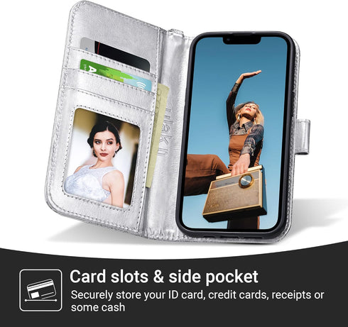 ULAK Compatible with iPhone 14 Plus Wallet Case with Card Holder, Flip iPhone 14 Plus Case for Women Girls PU Leather Kickstand Wrist Strap Shockproof Phone Case for iPhone 14 Plus 6.7'', Silver
