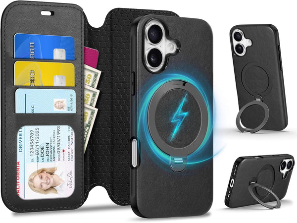 TUCCH Detachable Wallet Case for iPhone 17 (6.3"), Wireless Charging, Adjustable 360 Rotation
