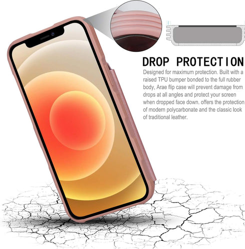 Arae Rose Gold Wallet Case for iPhone 12/12 Pro 6.1 Inch with Card Holder - PU Leather Back Flip Cover