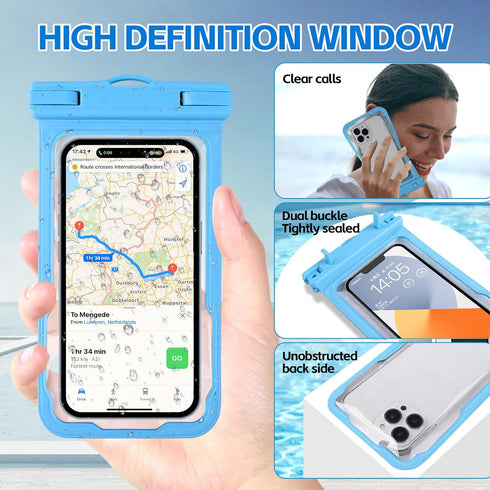 2 Pack Waterproof Phone Pouch, IPX8 Underwater Case for iPhone 15 14 13 Pro Max Samsung, Blue + Blue