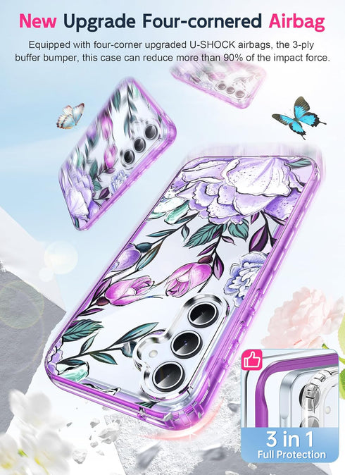 LeYi Dual Layer Exquisite Cute Flower Floral Pattern Full Body Protective Rugged Shockproof Case for Samsung Galaxy