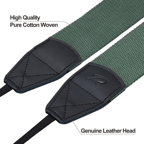 Padwa Lifestyle Dark Green Camera Strap - 2" Wide Cotton Woven Genuine Leather Head Camera Straps,Complimentary 2 Pcs Quick Release Clips for All DSLR/SLR Cameras, Binoculars and Drone Remote Control