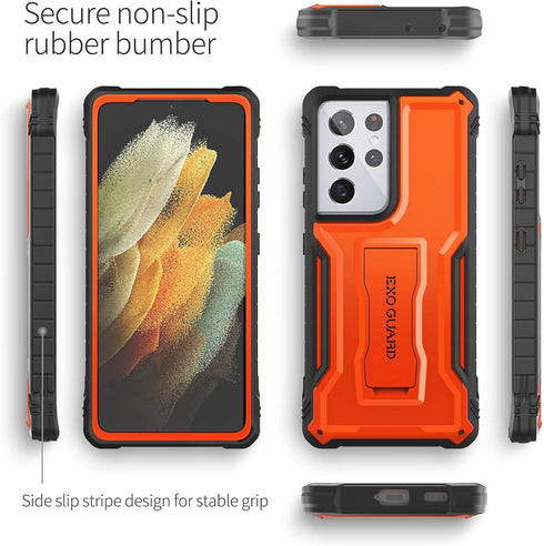 ExoGuard for Samsung Galaxy S21 Ultra 5G Case, Rubber Shockproof Full Body Cover with Built-in Kickstand