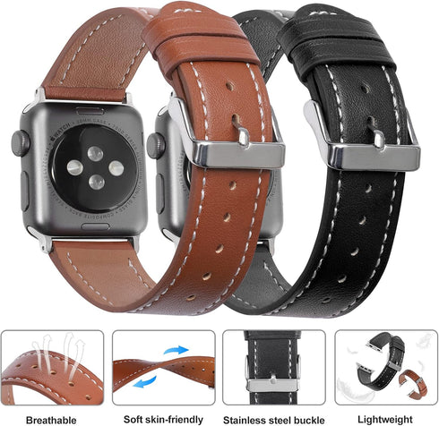 2 Pack Bands for Apple Watch, Compatible with 38mm 40mm 42mm 44mm 41mm 45mm, Soft Leather Replacement