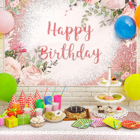Breling 2 Pcs Pink Happy Birthday Backdrop Banner and Tablecloth for Women, Rose Gold Birthday Party Decorations
