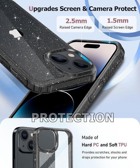 MIODIK iPhone 15 Plus Case - Clear Glitter, Shockproof, with 2 Screen & Camera Lens Protectors - Black, No Yellowing.