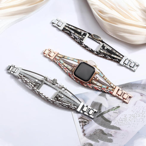 Posh Leather Bands for Women, Compatible with Fitbit Versa 3&4 Bands/Fitbit Sense/Sense 2, Multilayer Wrap Bracelet