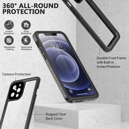 iPhone 12 Pro Heavy Duty Waterproof Case with Built-in Screen Protector, Shockproof & Dustproof, Clear, 6.1 inch.