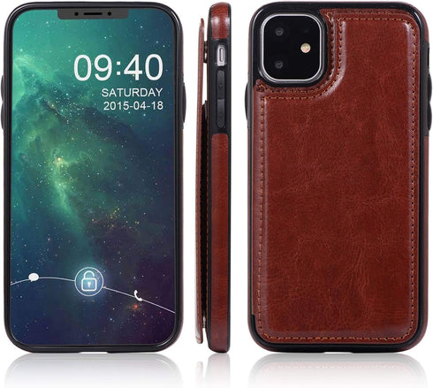 UEEBAI Case for iPhone 11, Luxury PU Leather with Magnetic Clasp, Card Slots, Stand Function, Black