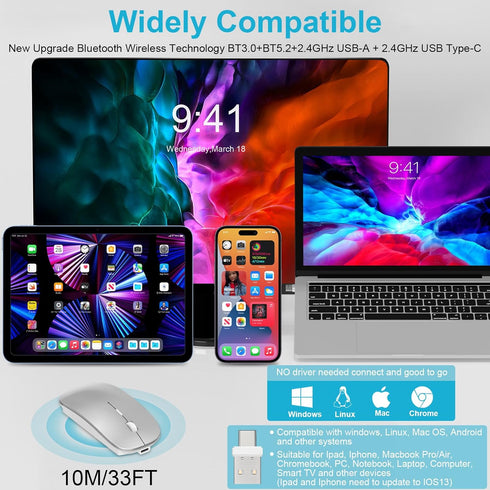 Bluetooth Wireless Mouse for MacBook Air Mac Pro Laptop PC Pad Optical Rechargeable Silent Mouse with Dual Mode Switch Mouse Bluetooth 5.2/3.0 and 2.4G USB-A & USB-C Receiver Rose Gold