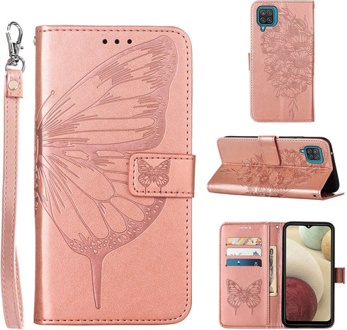 Flip Cover Phone Case for Galaxy A12, Rose Gold | Wallet, Butterfly Floral Embossed, Wrist Strap, Card Holder Slots,