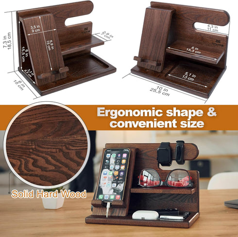 TESLYAR Wood Phone Docking Station for Men - Desktop or Nightstand Organizer - Birthday Gifts for Men, Dad