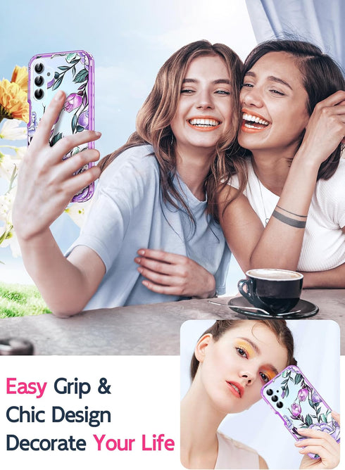 LeYi Dual Layer Cute Flower Pattern Case for Samsung Galaxy A15-5G with Glass Screen Protector, Rugged Shockproof -